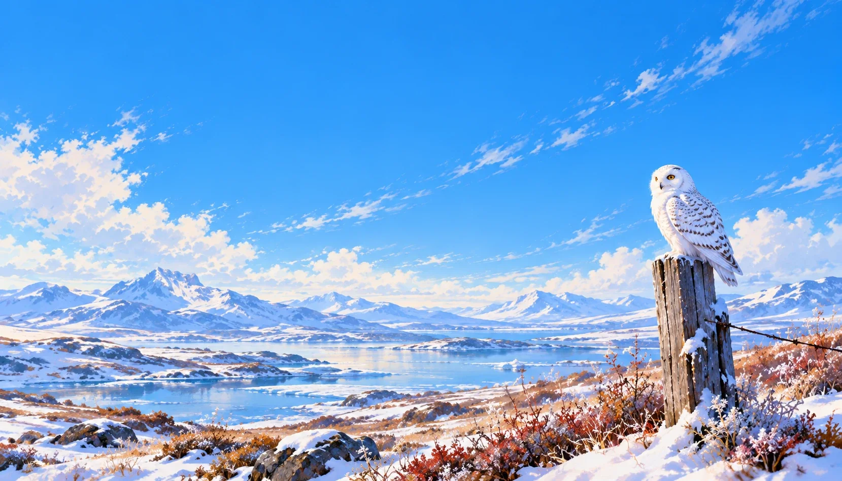 A snowy owl on a wooden fence post above a frozen lake and snow-covered mountains under a wide blue sky