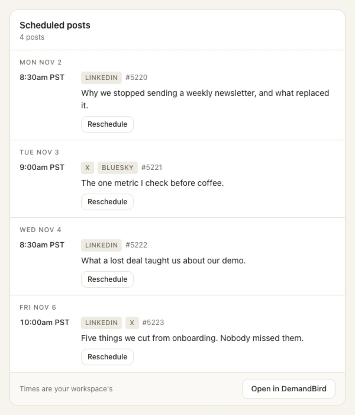 DemandBird schedule card showing four posts queued across Monday to Friday on LinkedIn, X and Bluesky