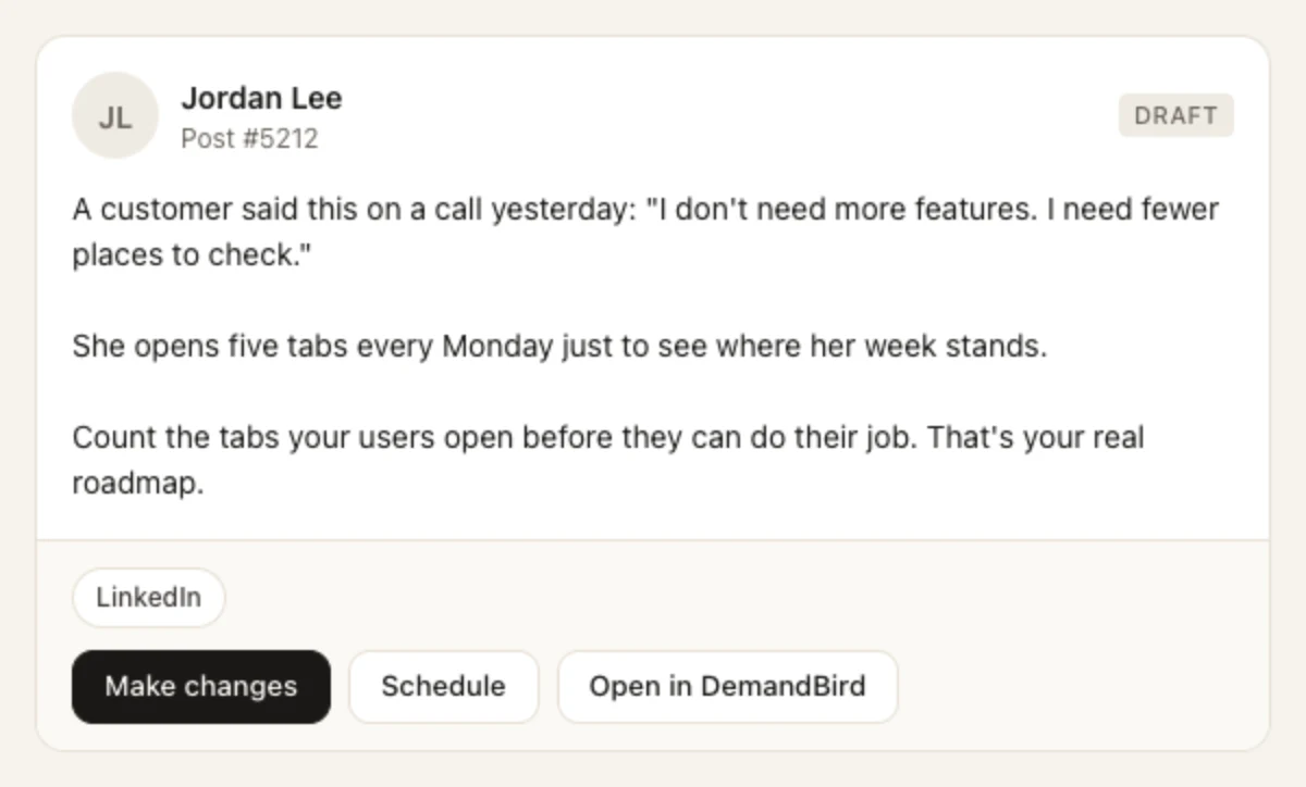 The same DemandBird draft preview card, now three short paragraphs long
