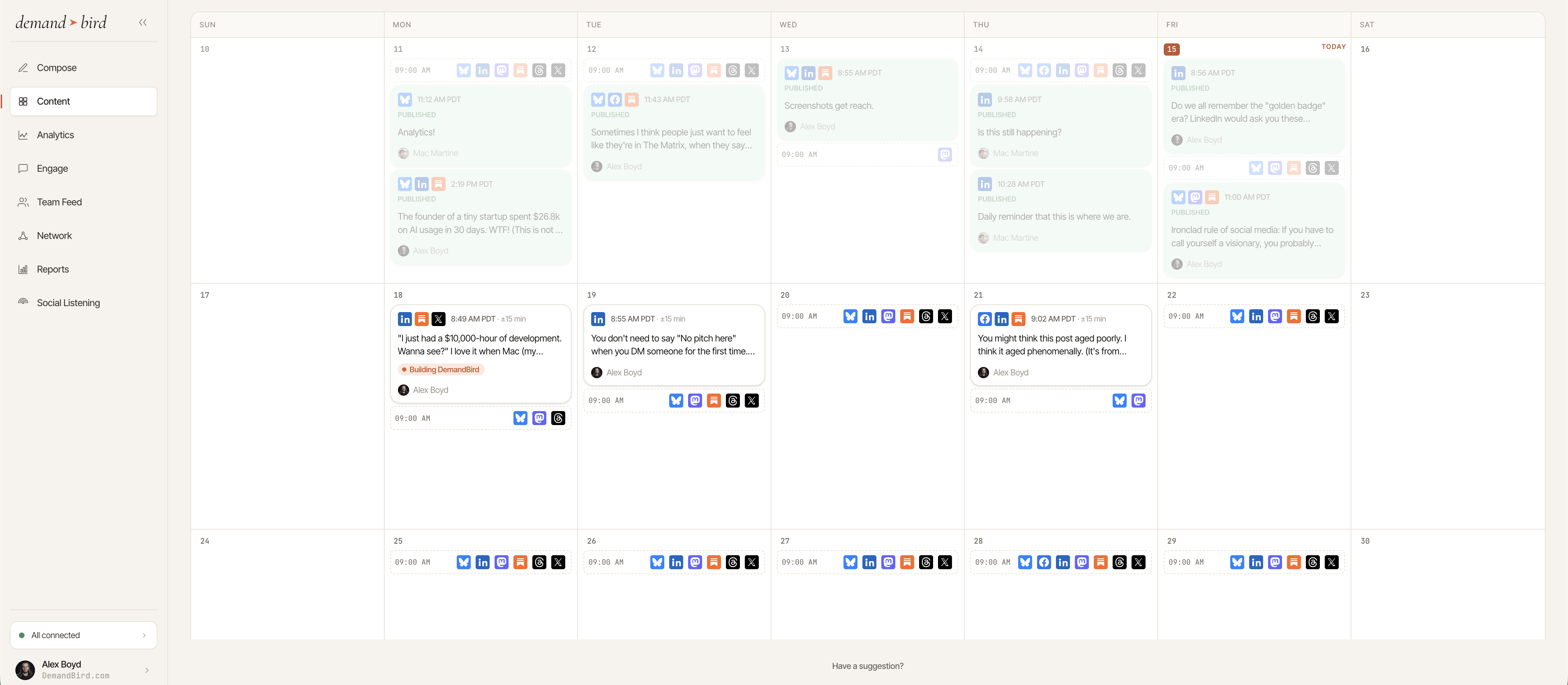 DemandBird content calendar: scheduling across platforms