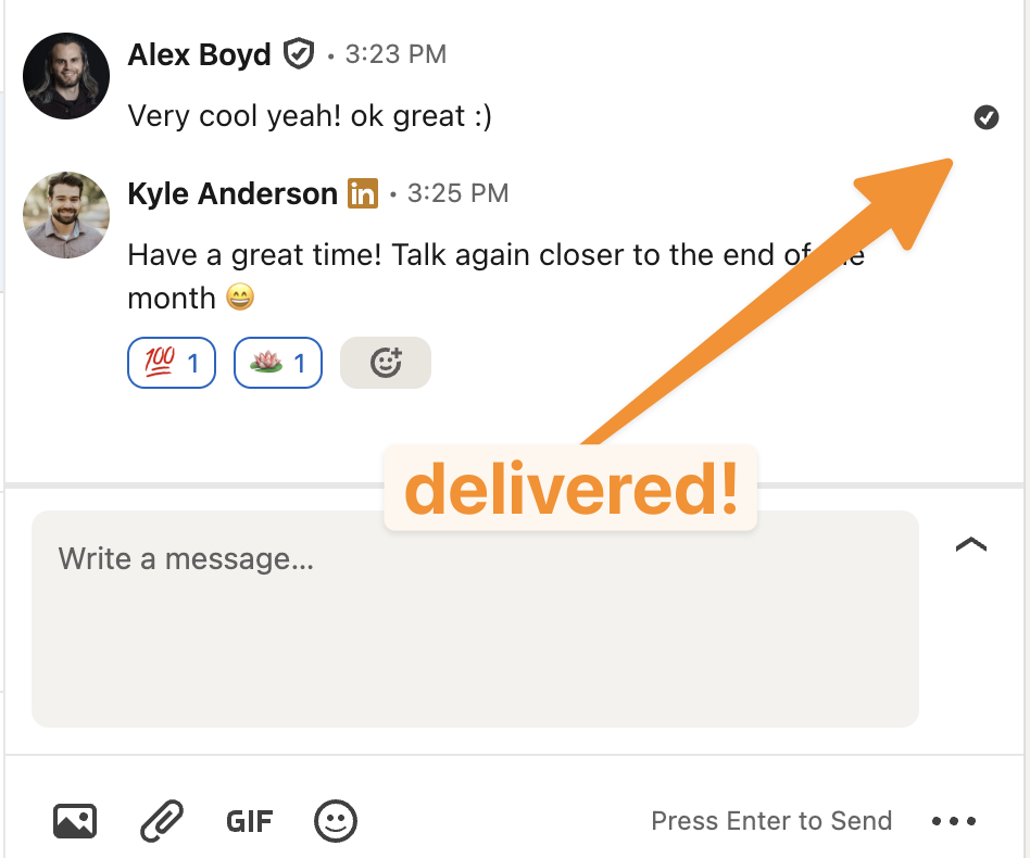 LinkedIn message thread showing a grey checkmark delivery indicator in the top-right corner