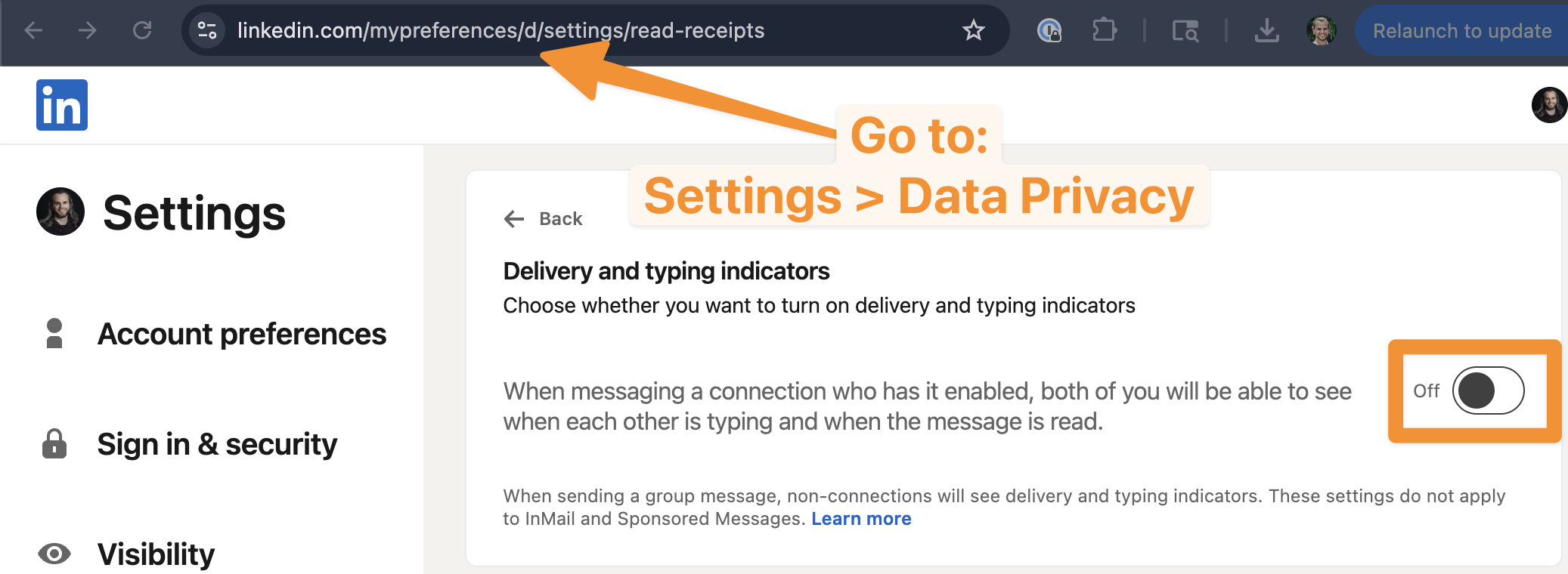 LinkedIn Settings > Data Privacy showing the Delivery and typing indicators toggle switched off