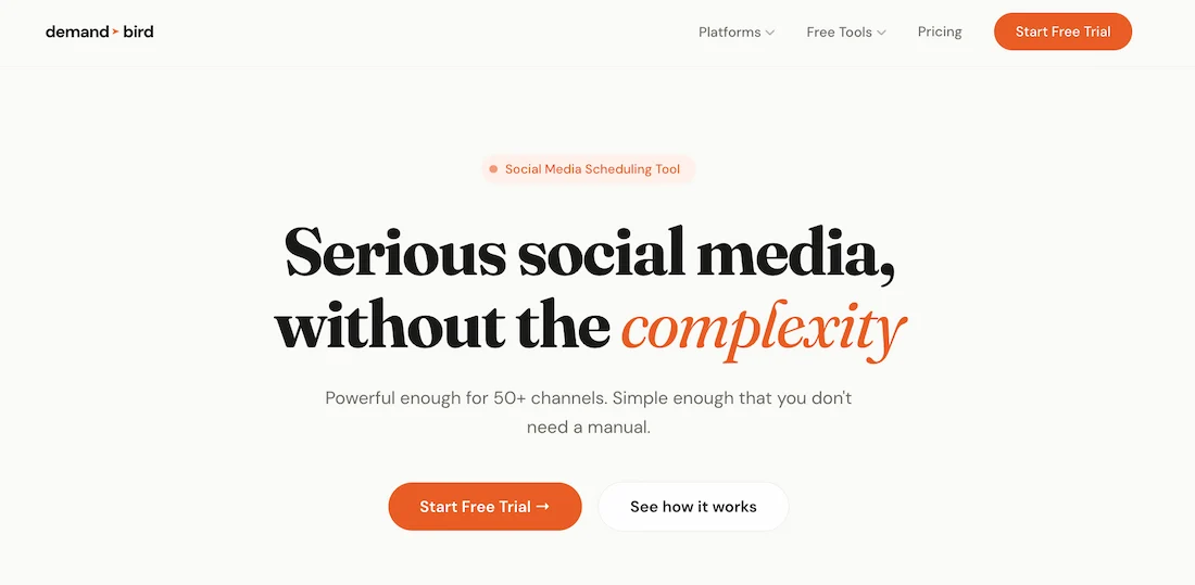 DemandBird homepage: serious social media without the complexity