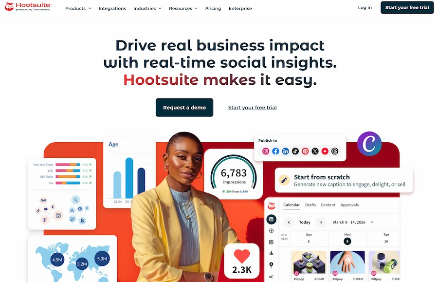 Hootsuite homepage โ drive real business impact with real-time social insights