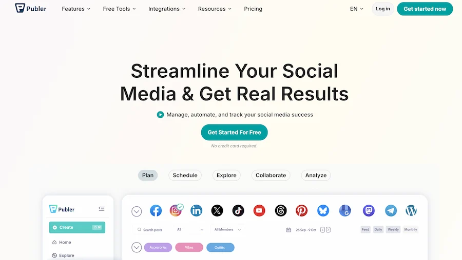 Publer homepage โ streamline your social media and get real results