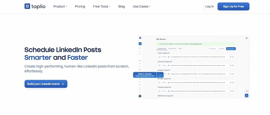 Taplio homepage โ schedule LinkedIn posts smarter and faster