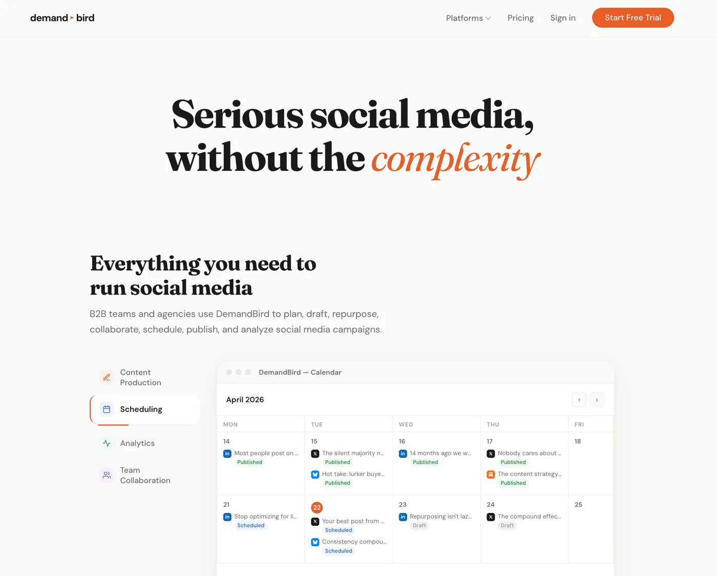 DemandBird homepage: serious social media without the complexity