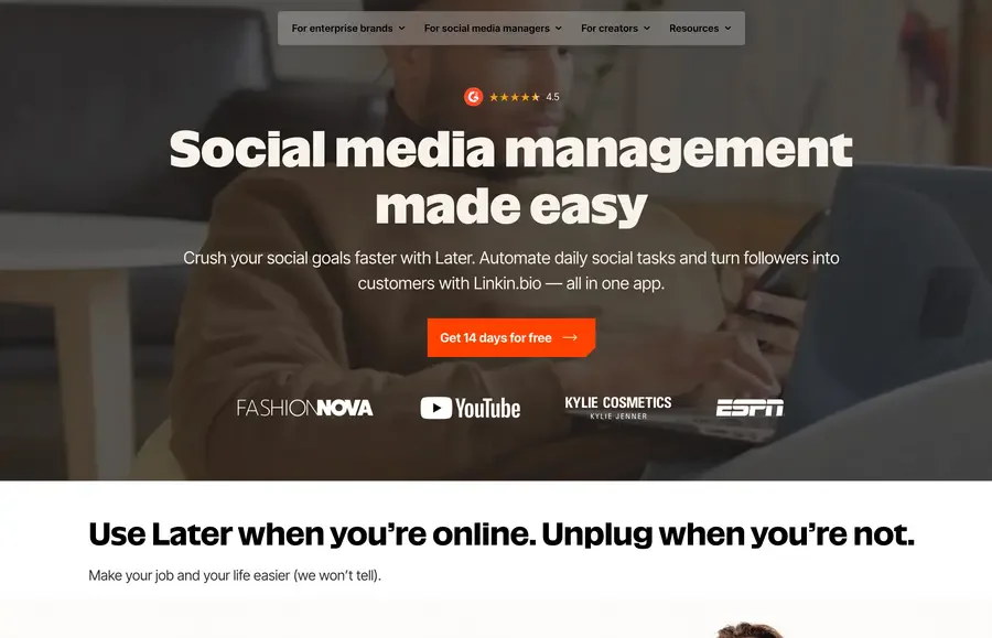 Later homepage: social media management made easy