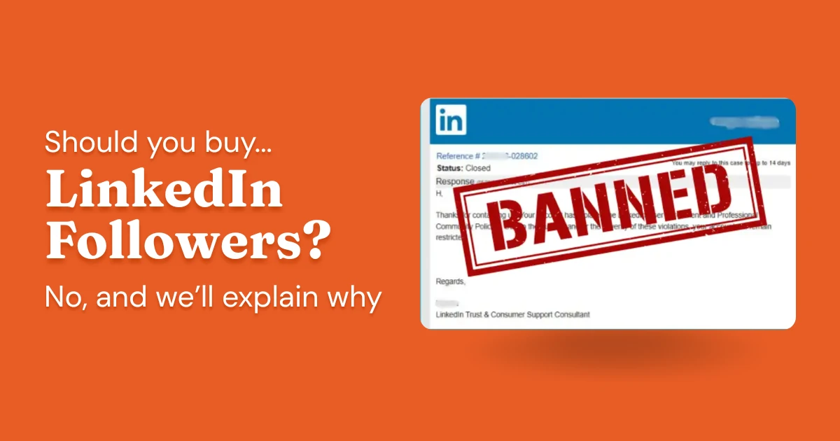Graphic showing a LinkedIn followers concept with a banned stamp — should you buy LinkedIn followers?