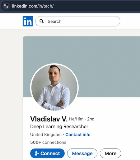 LinkedIn profile of Vladislav V. showing the custom vanity URL linkedin.com/in/tech in the browser