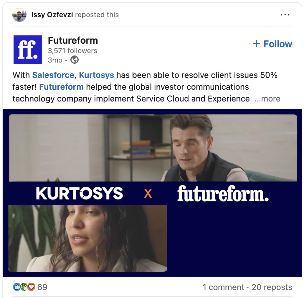 Example of an employee simply reposting a company case study video with no personal commentary added