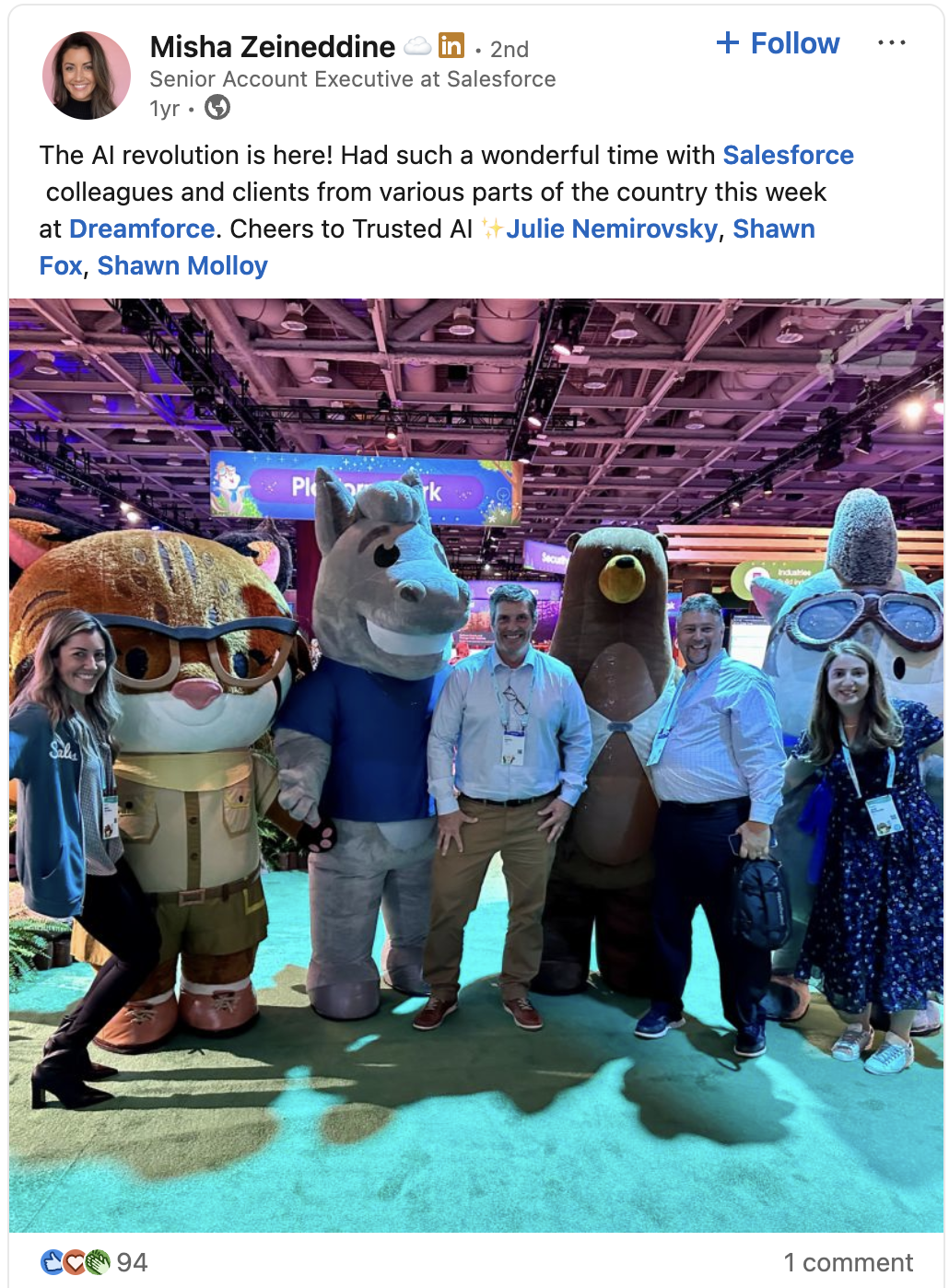 Example of an authentic employee LinkedIn post: Salesforce AE sharing her own Dreamforce experience in her own voice
