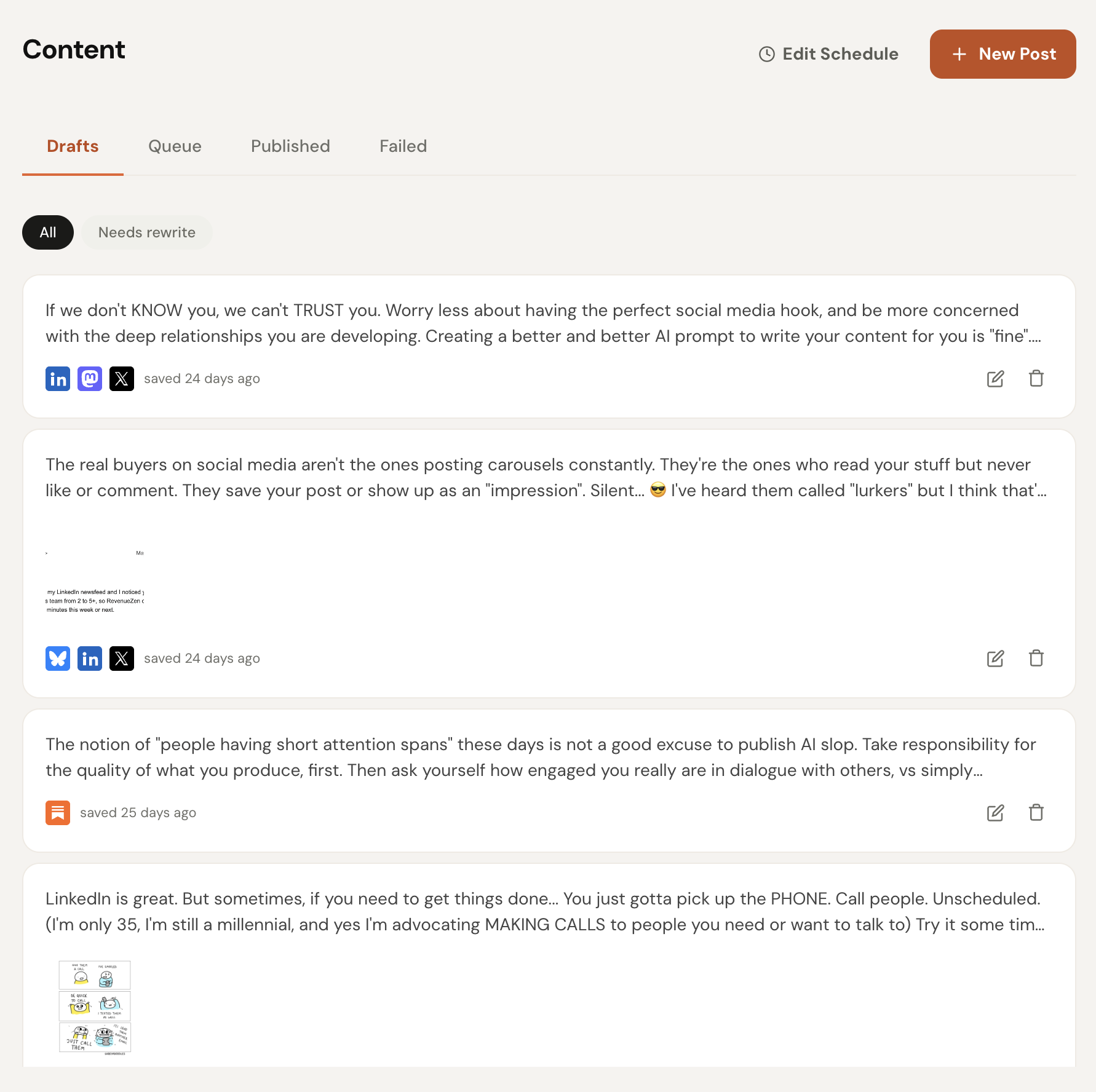 DemandBird Drafts view showing multiple saved posts with edit and delete controls, organized by platform and date