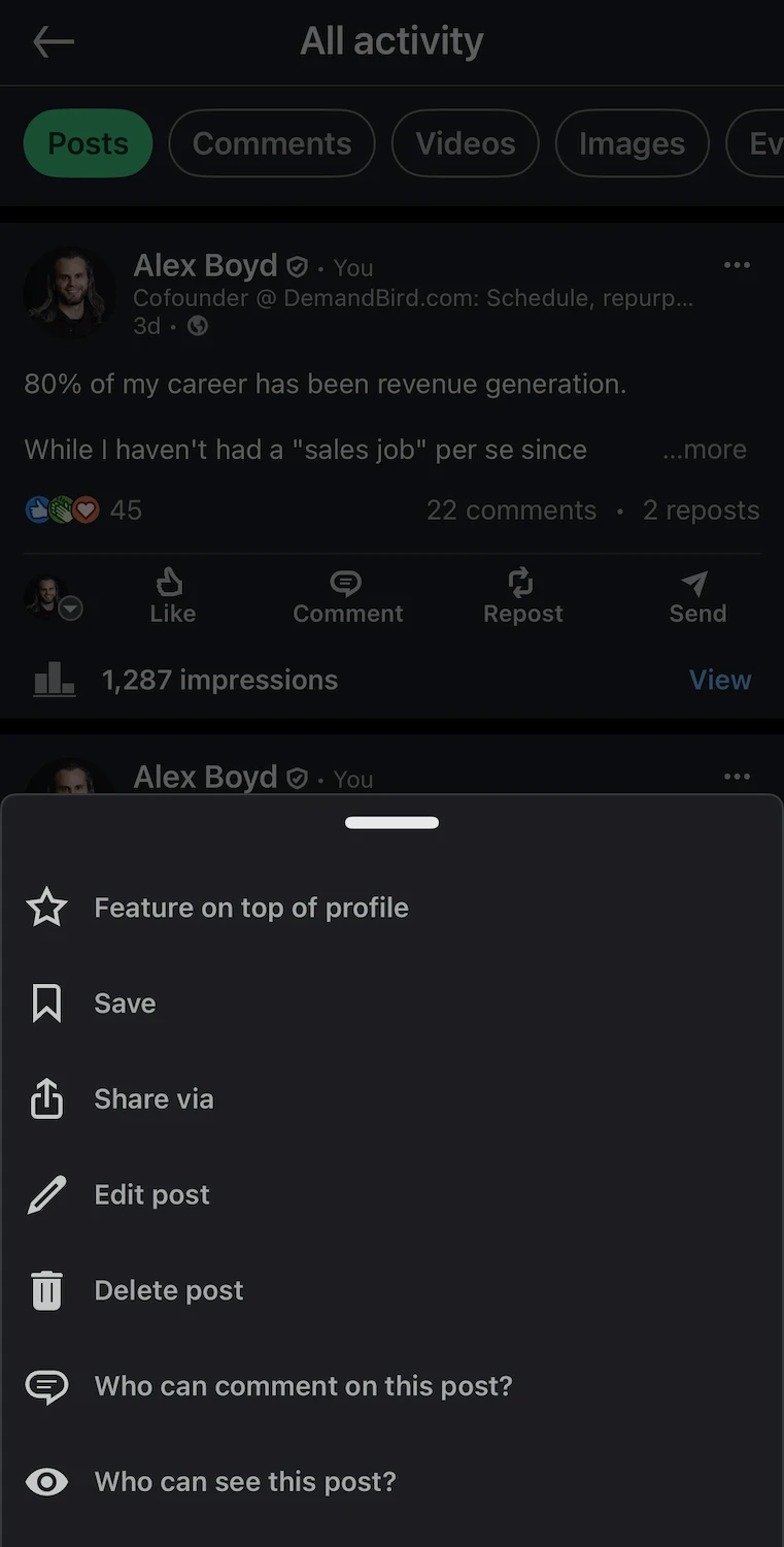 LinkedIn mobile app post menu showing Delete post option alongside Edit post