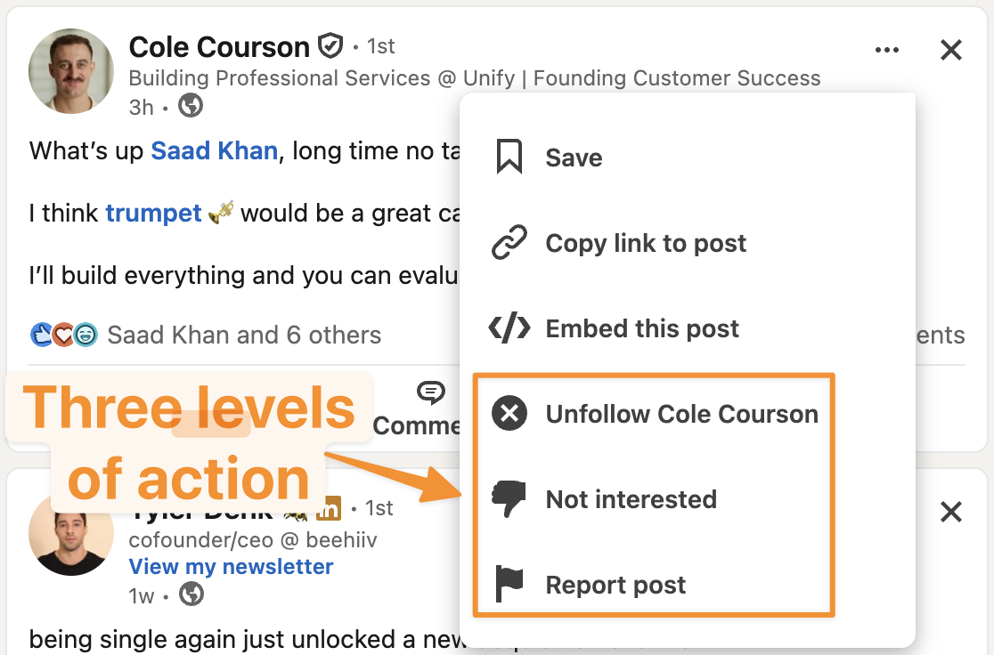 LinkedIn three-dot menu on someone else's post showing Unfollow, Not interested, and Report post options