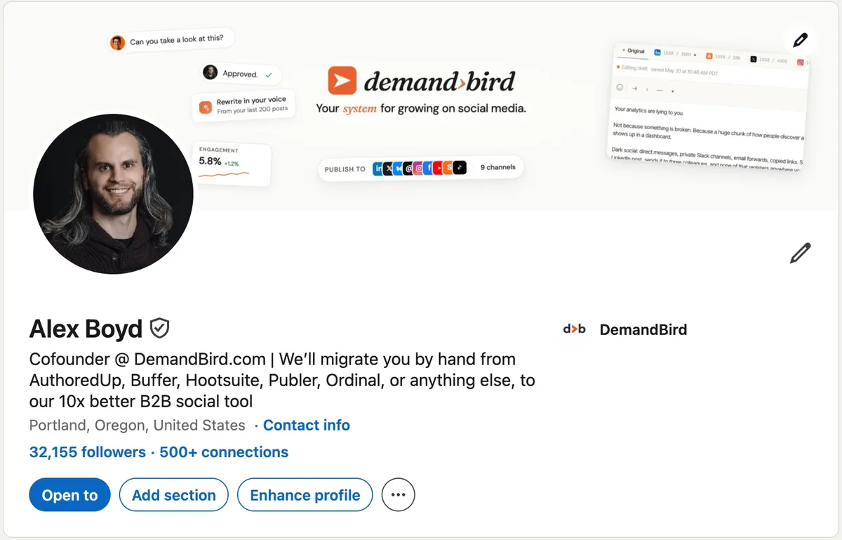 Alex Boyd's LinkedIn profile header showing 32,155 followers and 500+ connections, with a DemandBird banner