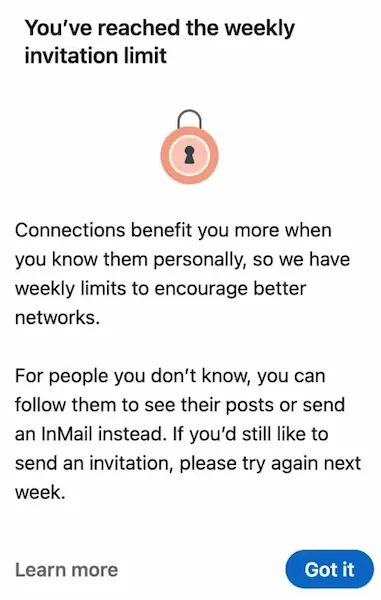 LinkedIn connection limit warning message