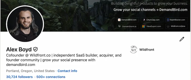 Alex Boyd's LinkedIn profile showing 20,000+ connections and 30,000+ followers