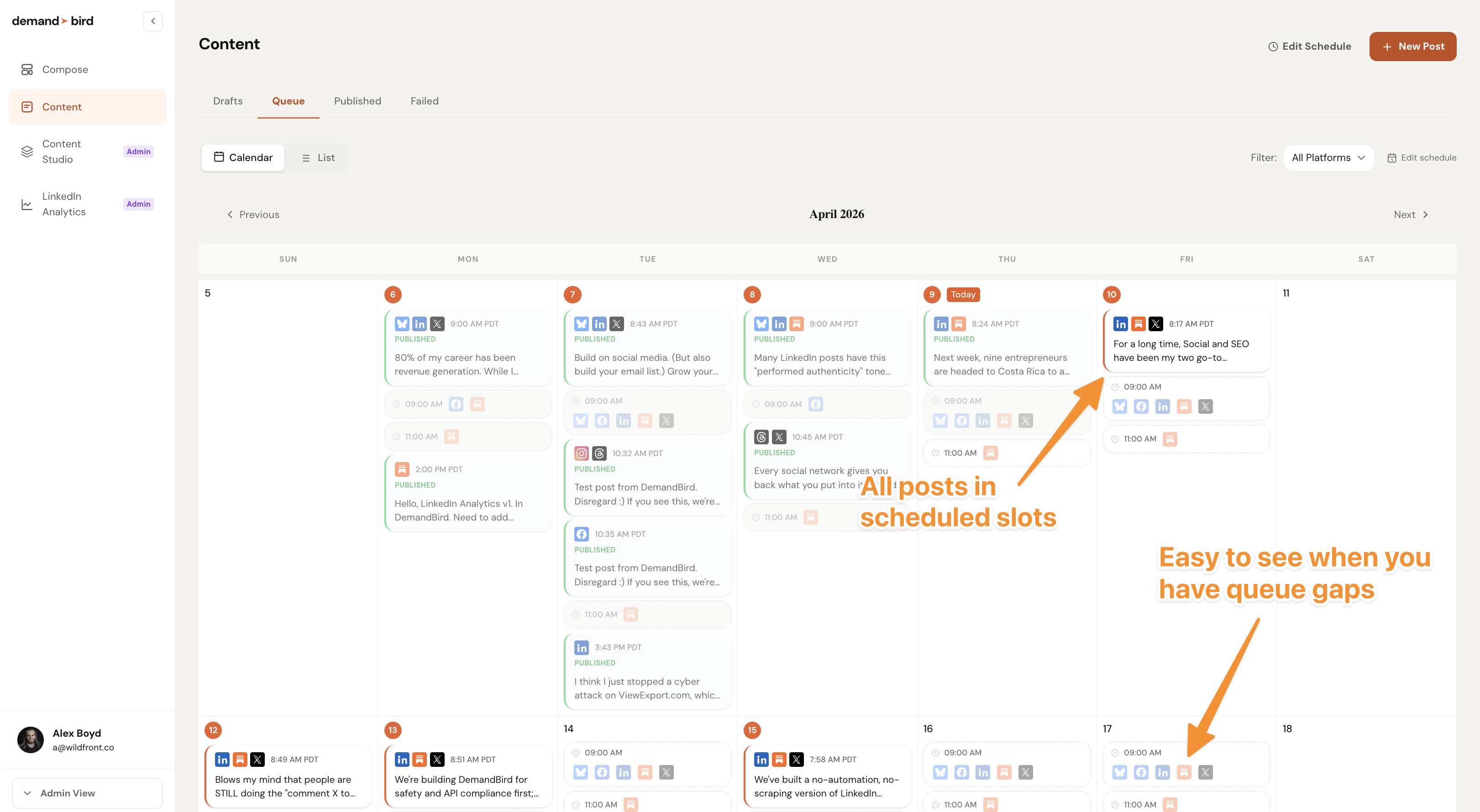 DemandBird content calendar showing a full month of scheduled posts across LinkedIn, X, Facebook, and other platforms