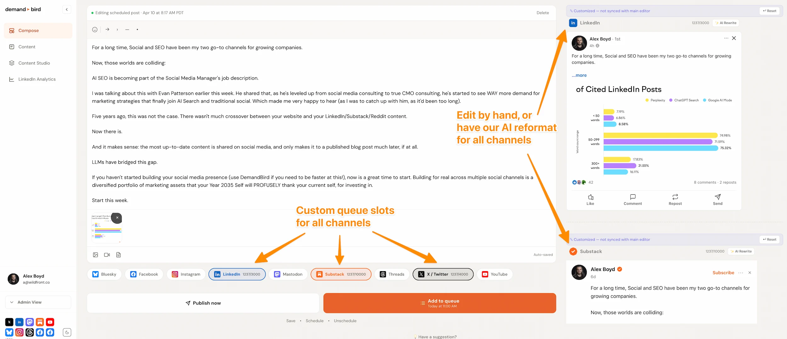 DemandBird post composer showing a LinkedIn post with multi-platform channel selector and queue scheduling controls