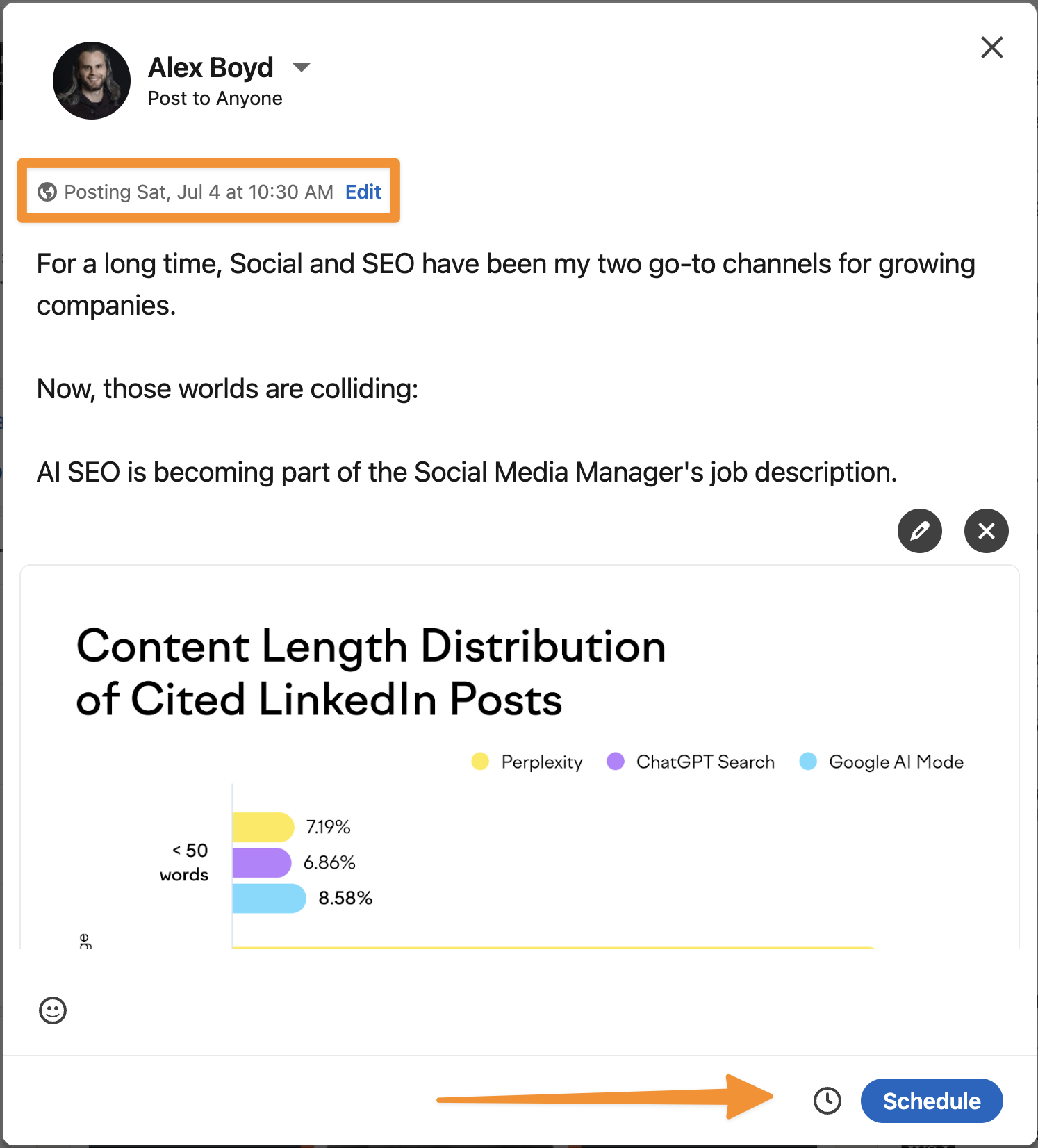 LinkedIn post composer showing the scheduled time confirmed at the top, with the clock icon and Schedule button visible