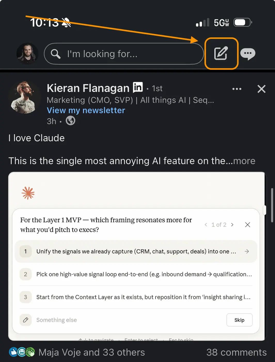 LinkedIn mobile app home screen with the compose pen icon highlighted in the top right