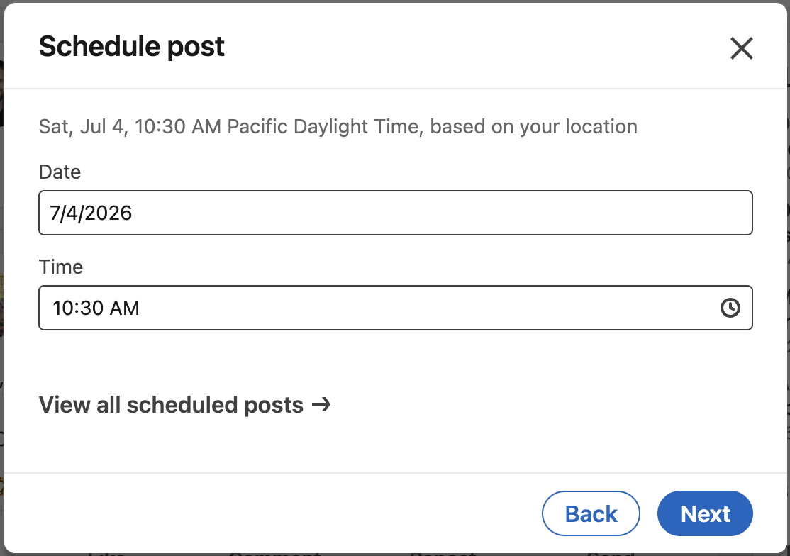 LinkedIn Schedule post dialog showing the date and time fields filled in
