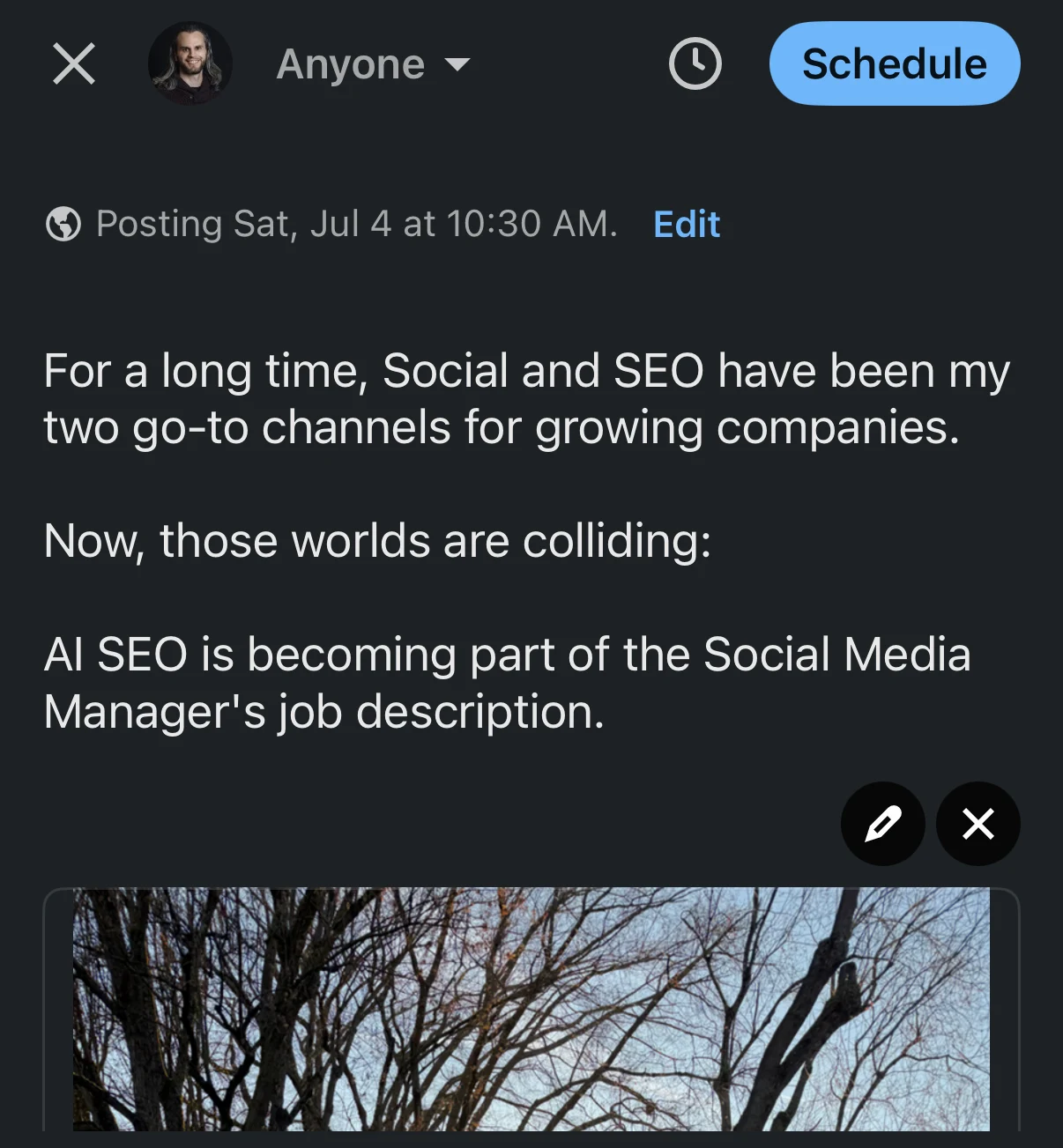 LinkedIn mobile composer showing a scheduled post with the clock icon and Schedule button visible in the top toolbar