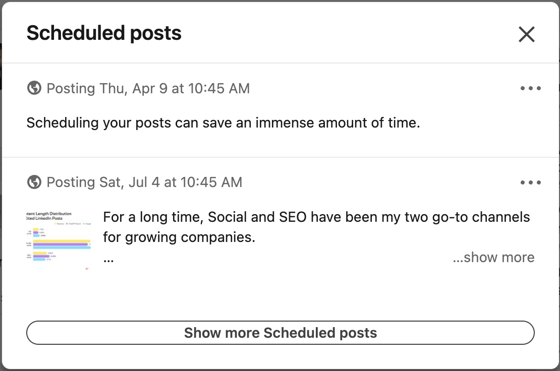 LinkedIn Scheduled posts list showing two upcoming posts with their scheduled dates and the three-dot options menu