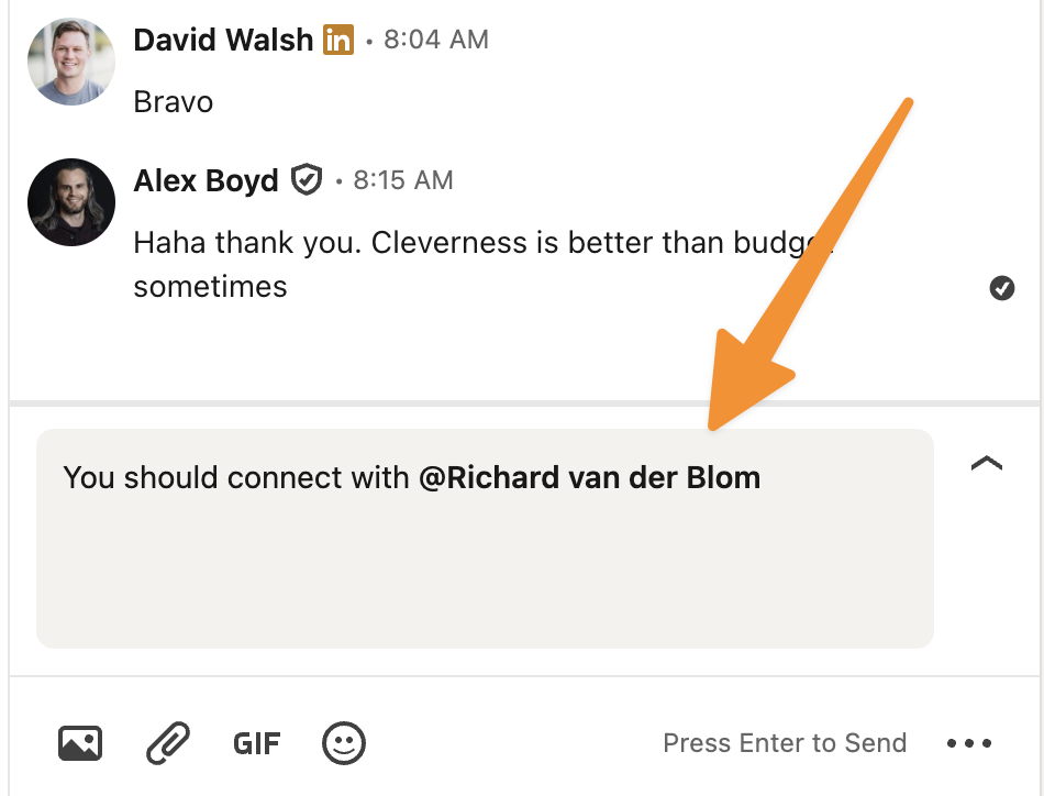LinkedIn message composer showing an @mention of a person's name typed into the message field