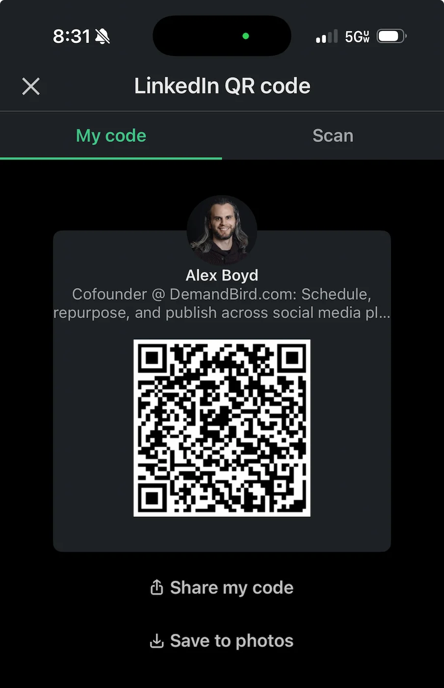 LinkedIn app QR code screen on the My code tab, showing a scannable QR code with Share my code and Save to photos options below