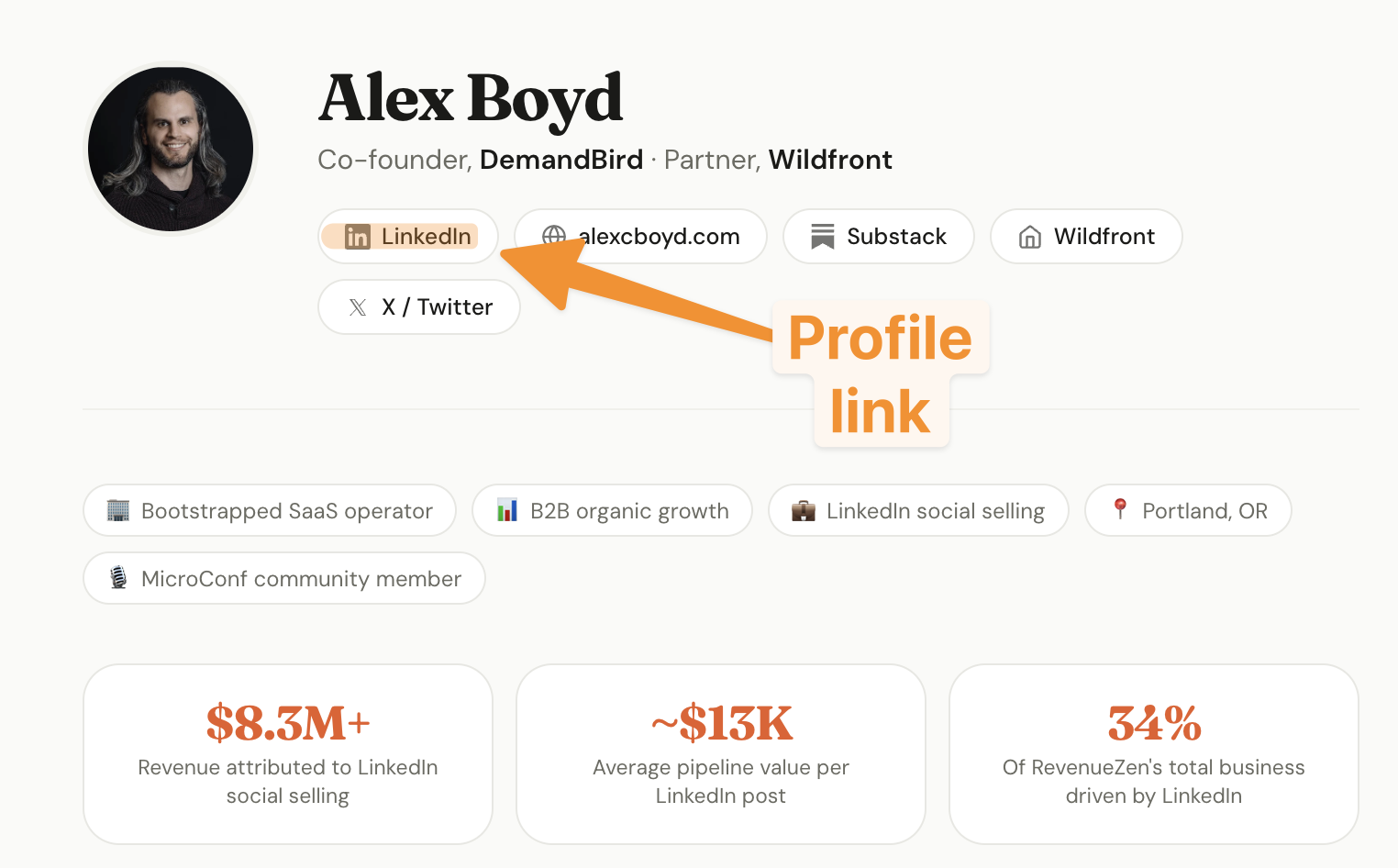 Author bio page on DemandBird showing a LinkedIn link button prominently displayed alongside other profile links