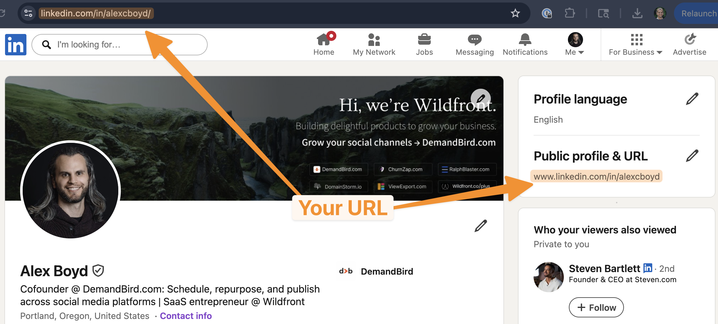LinkedIn profile page on desktop showing the profile URL in the browser address bar and in the Public profile & URL panel on the right