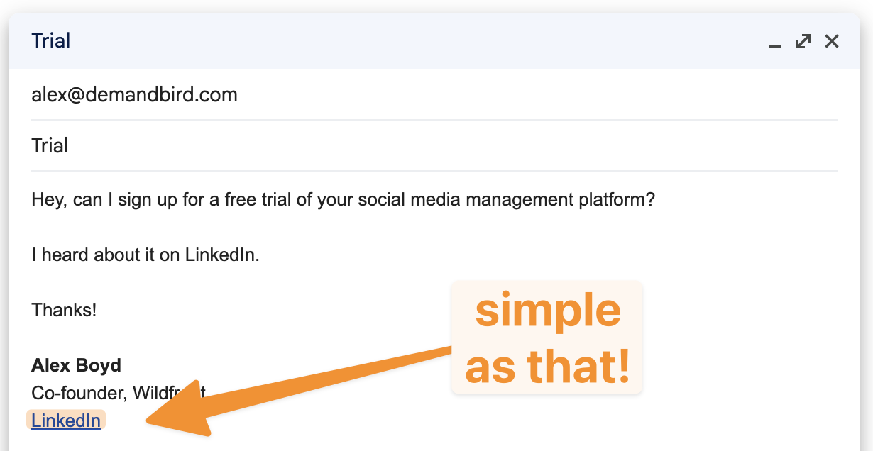 Email compose window showing a signature with name, title, and a LinkedIn hyperlink at the bottom