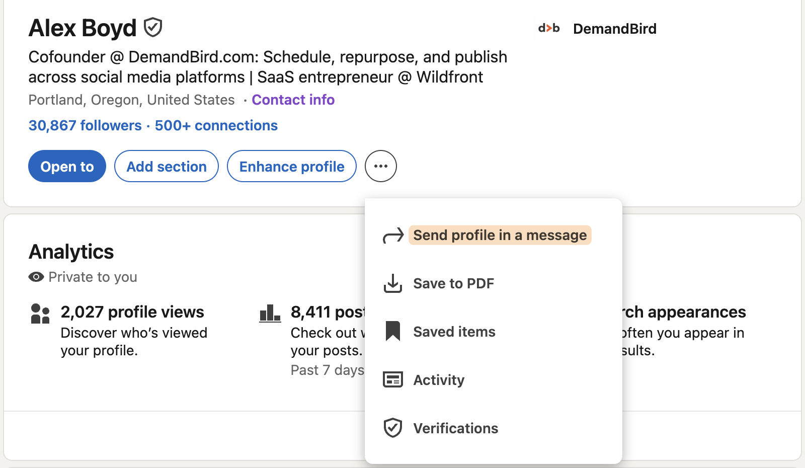 LinkedIn profile three-dot More menu expanded on desktop, showing Send profile in a message highlighted at the top