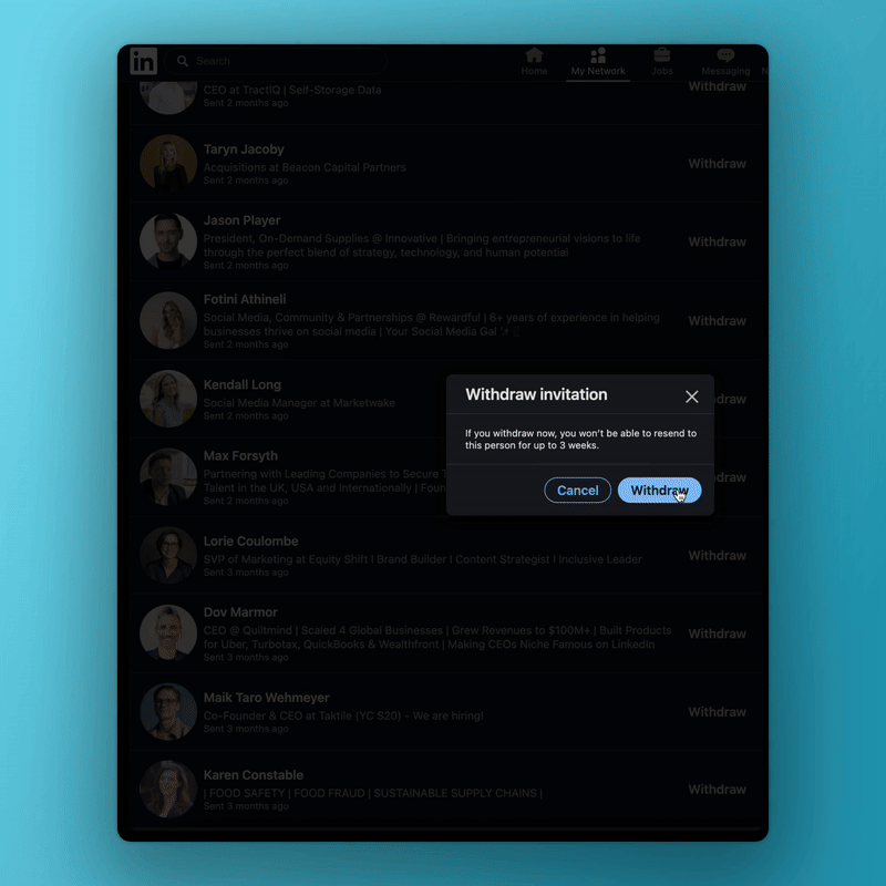 Animated screenshot showing how to withdraw outstanding LinkedIn connection requests