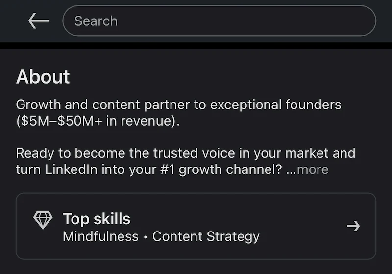 Mobile LinkedIn About section preview showing how little text is visible before more is tapped