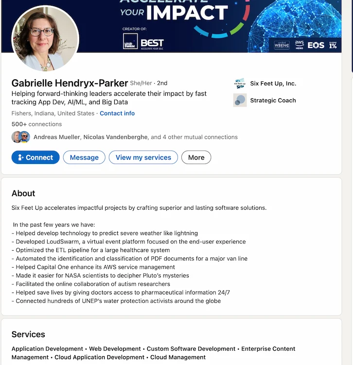 Gabrielle Hendryx-Parker's LinkedIn profile showing a keyword-optimized headline and About section with specific named client outcomes