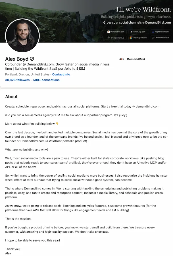 Alex Boyd's LinkedIn profile showing the full About section with early CTA, credibility, outcomes, and a warm closing