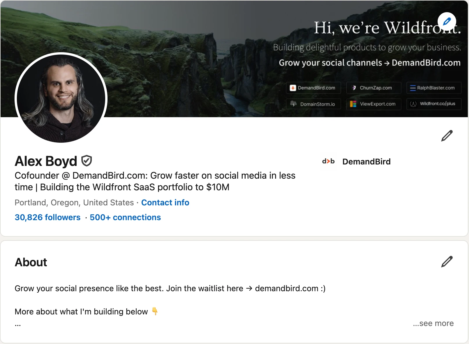 Collapsed desktop LinkedIn About section showing website and positioning in the first lines
