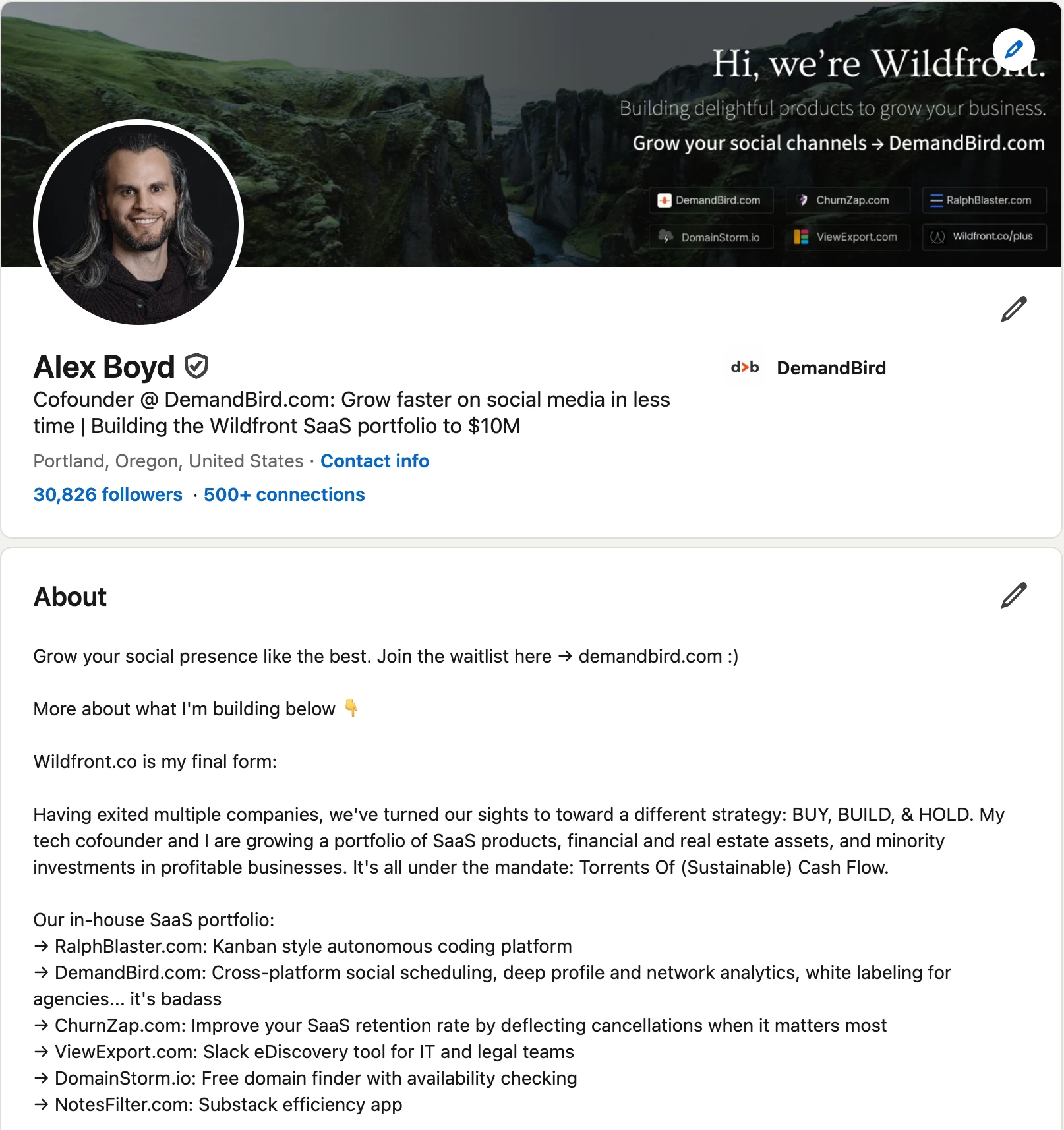 Expanded LinkedIn About section example from Alex Boyd showing website, credibility, and product context