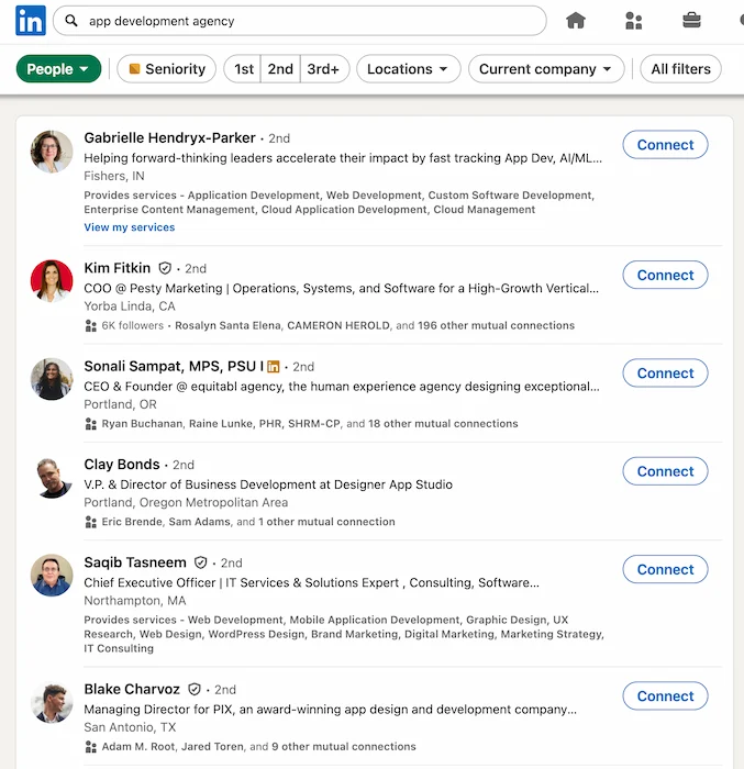 LinkedIn search results for 'app development agency' showing profiles with matching keywords in their headlines