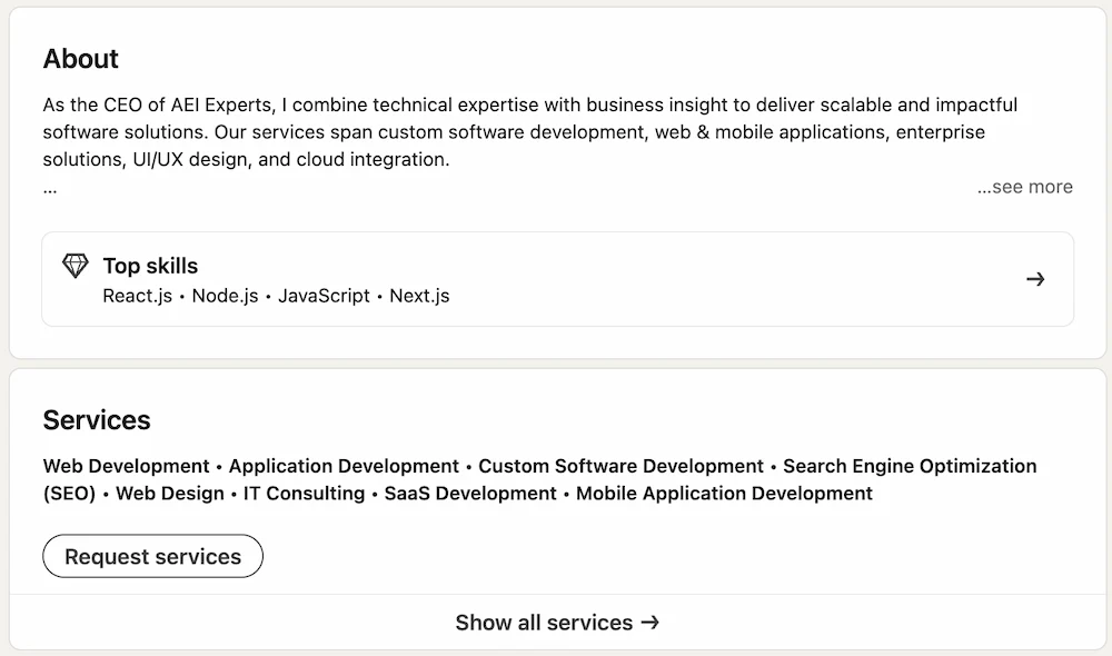 Weak LinkedIn About section example that uses a generic introduction and broad services list