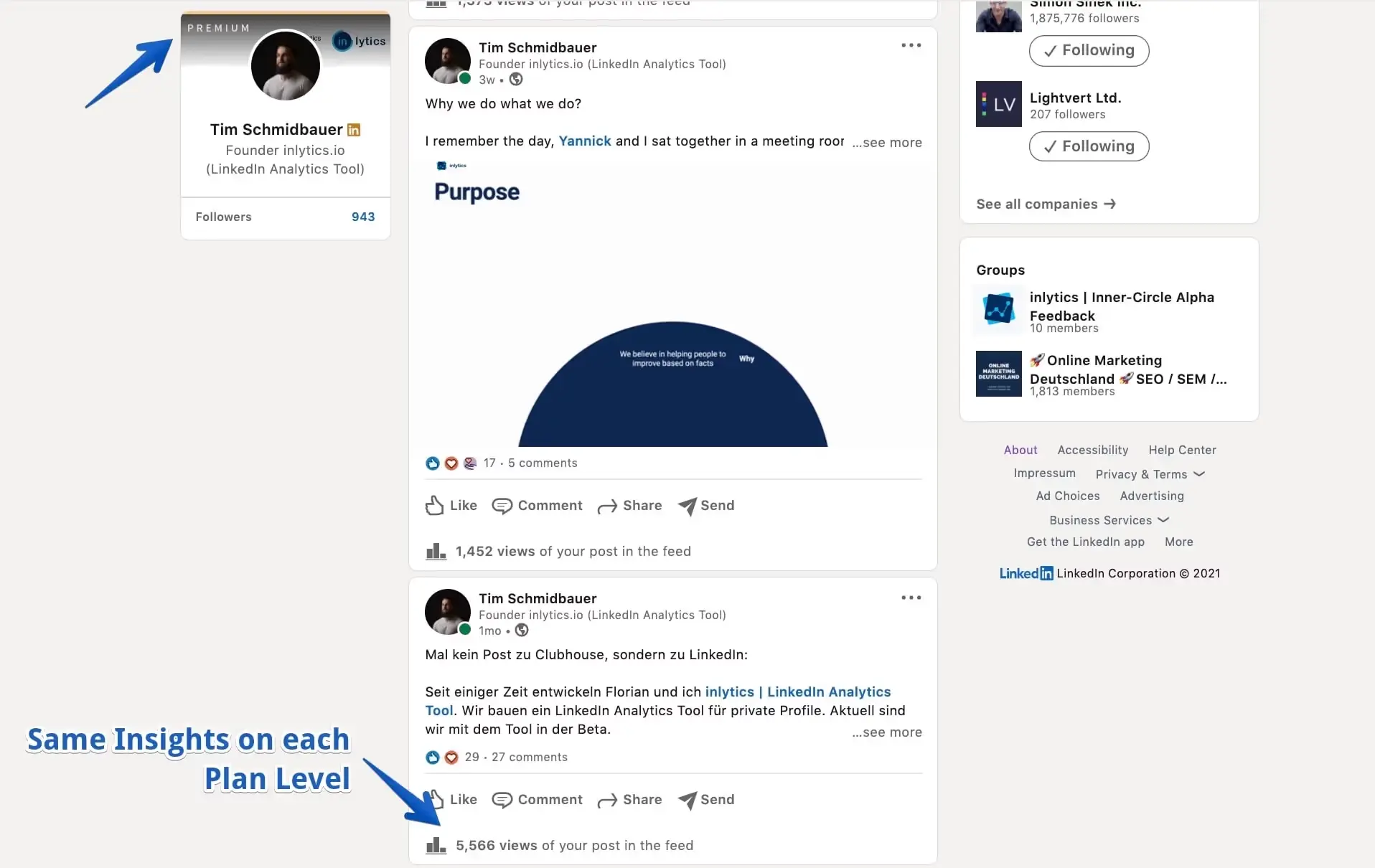LinkedIn native post analytics dashboard showing impressions, reactions, and comments
