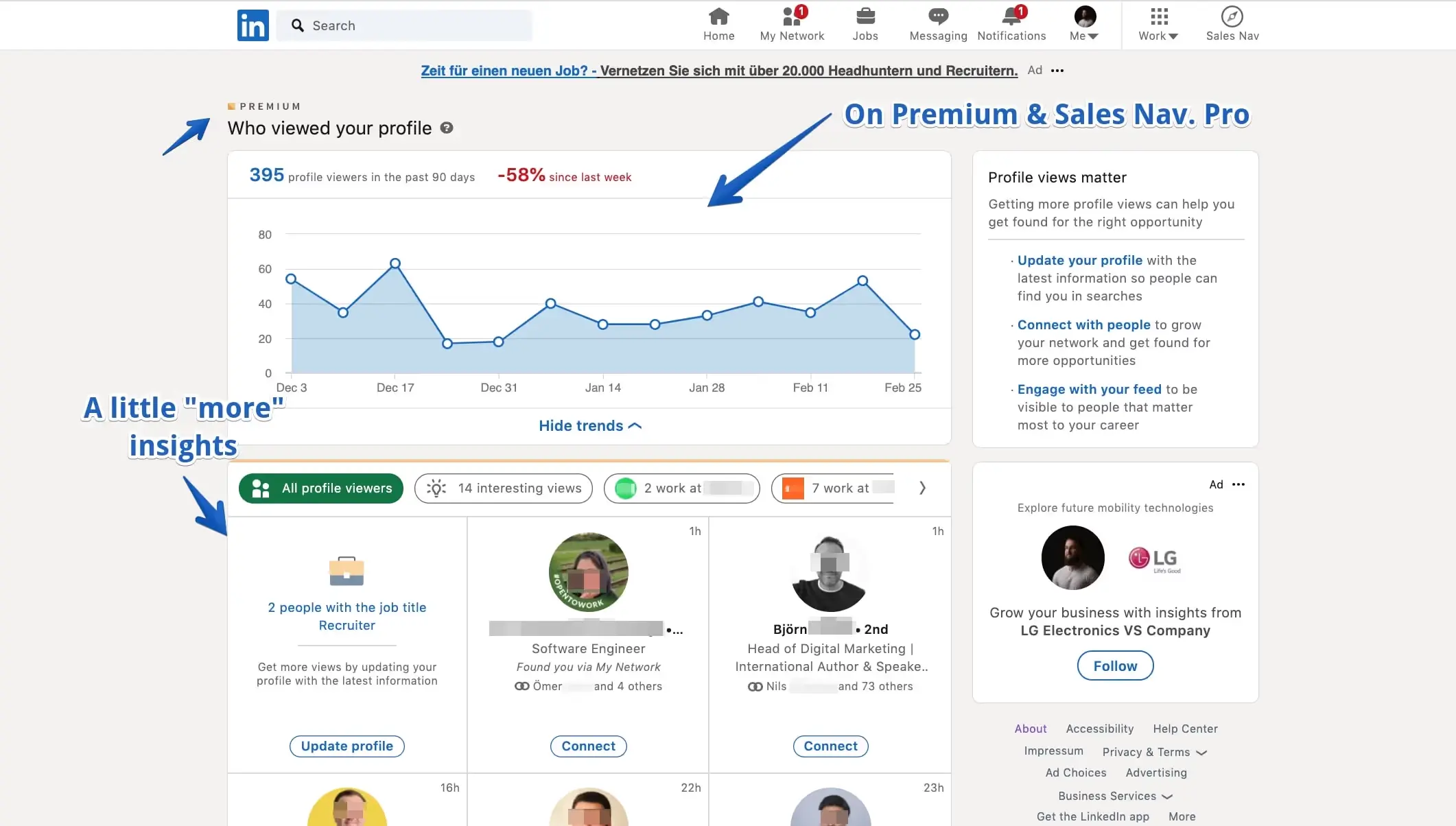LinkedIn profile visitor analytics on Premium: showing full 90-day history with names and job titles