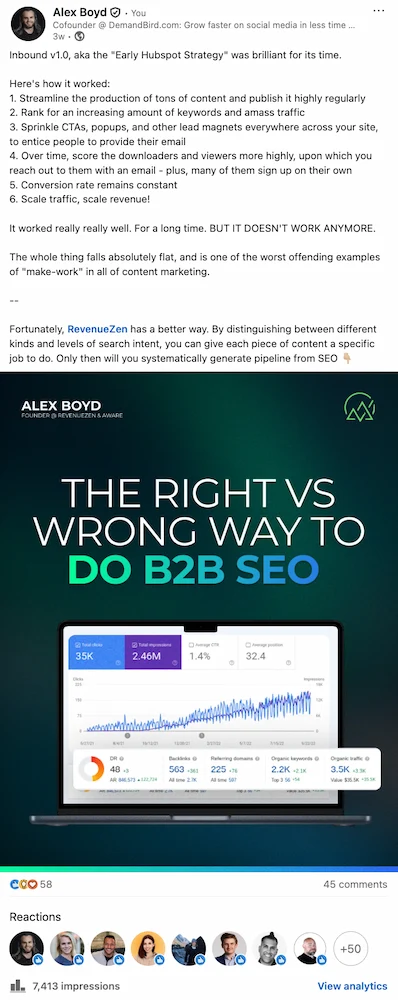 Example of a right vs wrong format LinkedIn carousel first slide about B2B SEO