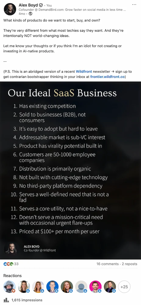Example of a list-format LinkedIn carousel first slide showing 13 criteria for an ideal SaaS business