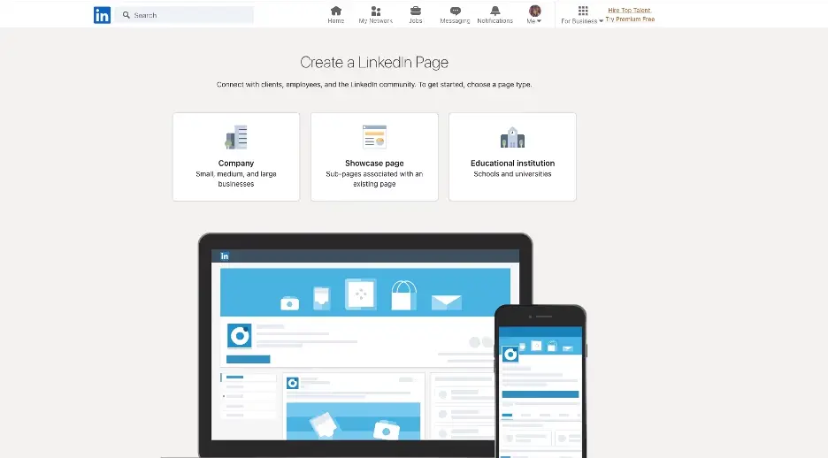 LinkedIn page type selection screen showing Company, Showcase Page, and Educational Institution options