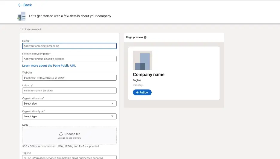 LinkedIn company details form showing fields for name, URL, website, industry, and logo upload