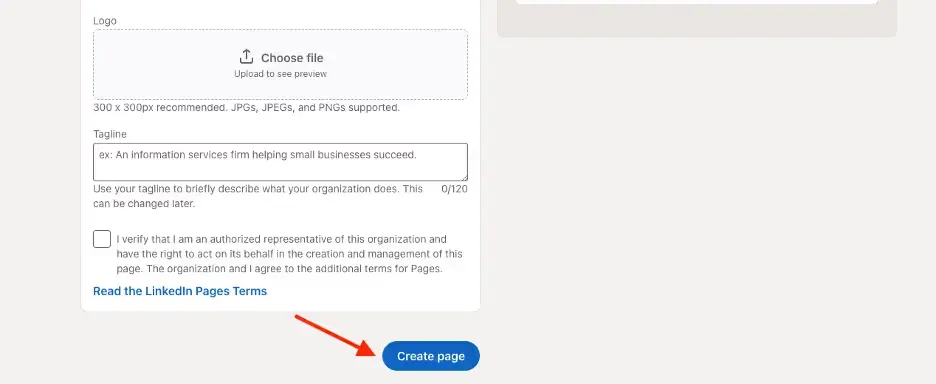 LinkedIn Create Page confirmation button at the bottom of the company page setup form